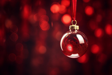 Red christmas ornament hanging with red bokeh background - yliv