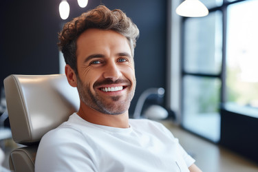 Handsome patient smiling while sitting on dentist chair, perfect teeth after treatment - yliv