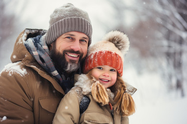 Happy father and daughter enjoying a winter day in a snowy forest, wearing warm clothes - yliv