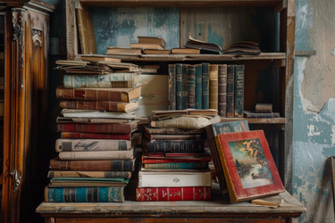стопка старых пыльных книг, лежащих на старинном столе в заброшенном доме - yliv