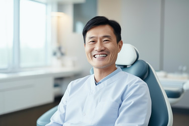 Happy dentist wearing lab coat smiling in his dental clinic - yliv