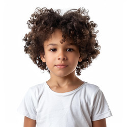 Portrait of adorable young child with curly hair posing on white background - yliv