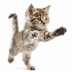 Playful kitten jumping and reaching with paws outstretched on white background - yliv