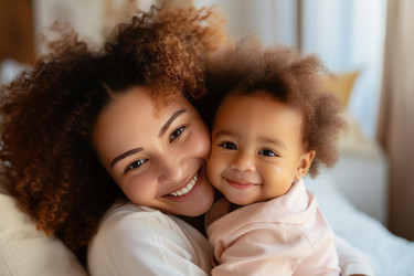 Mother and daughter are cuddling and smiling, enjoying a tender moment together in their home - yliv