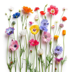 Colorful wildflowers growing against a white background, celebrating the beauty of nature and the vibrant colors of spring - yliv