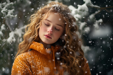 Teenager model with closed eyes posing in a snowy forest while snowflakes are falling on her - yliv