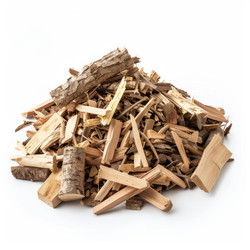 Pile of wood chips and small logs forming a mound on white background - yliv