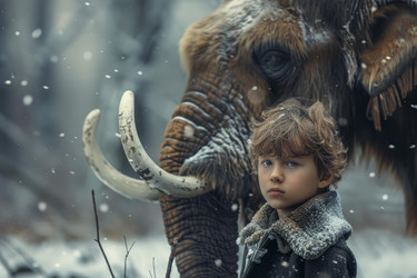 Young boy wearing winter clothes standing next to mammoth in snowy forest during snowfall - yliv
