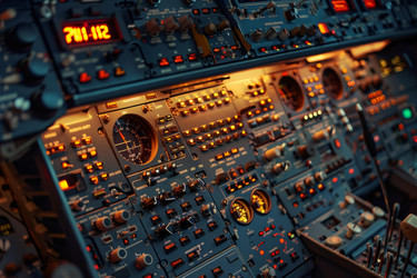 Control panel in an airplane cockpit with illuminated instruments showing flight data - yliv