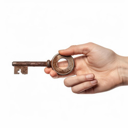 Woman hand holding old antique key isolated on white background - yliv