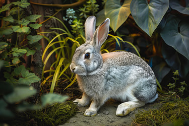 Cute grey rabbit resting in lush green garden - yliv