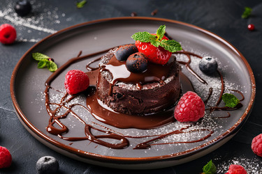 вкусные шоколадные пирожные с ягодами и мятой на элегантные тарелки - yliv