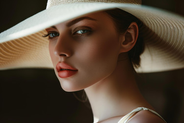Fashion model wearing wide brim sun hat posing in studio photoshoot - yliv