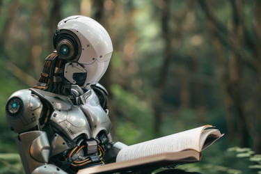 Robot with artificial intelligence relaxing in nature and enjoying a good book - yliv