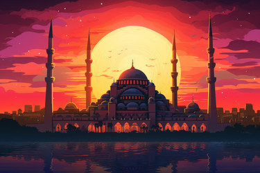 Serene illustration of a mosque at sunset, reflecting on calm water, creating a peaceful and spiritual atmosphere - yliv