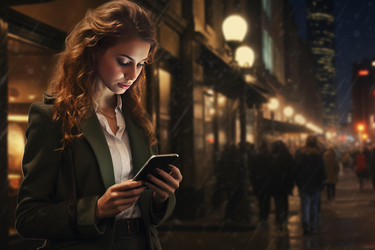 Young businesswoman using smartphone on rainy city street at night - yliv