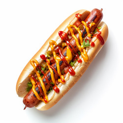 Grilled hot dog with mustard, ketchup, relish, and lettuce on a white background - yliv