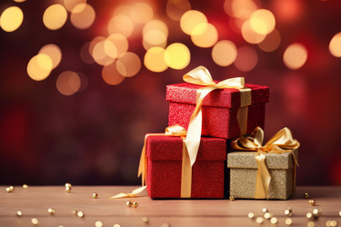 Christmas gift boxes with golden ribbon bow on a table with blurred lights background - yliv