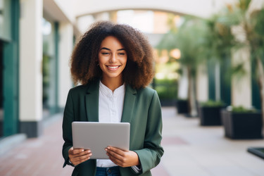 Smiling businesswoman holding tablet and walking in the city center - yliv