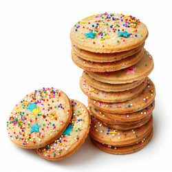 Delicious sugar cookies with colorful sprinkles and star shaped candies forming a tall stack and lying on a white background, perfect for a festive treat - yliv