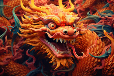 Colorful chinese dragon head emerging from a group of dragons, 3d render - yliv