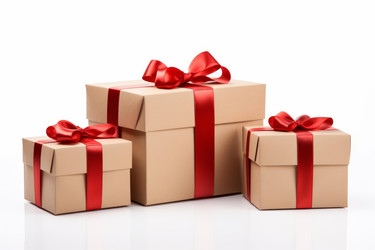 Craft gift boxes decorated with red ribbon on white background - yliv