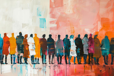 Crowd of people standing and looking in the same direction abstract painting - yliv