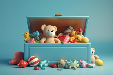 коробка для игрушек детского сада. игра с мягкими и красочными вещами в детском контейнере. генеративный контент - yliv