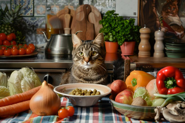 Tabby cat patiently waiting in a kitchen with a bowl of dry food surrounded by fresh produce - yliv
