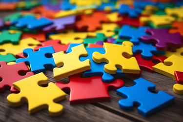 Vibrant puzzle pieces on a wooden table symbolize the challenges and solutions found in teamwork and problem solving - yliv