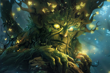 Wise tree spirit with glowing eyes in an enchanted forest at night - yliv