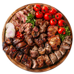 мясное ассорти на гриле с овощами на деревянной разделочной доски - yliv