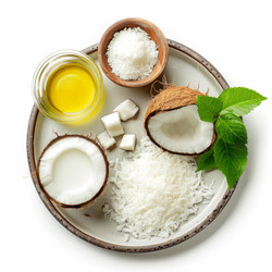 Plate presenting various coconut products including shredded flakes, oil, milk, and chopped pieces, highlighting versatility and uses - yliv