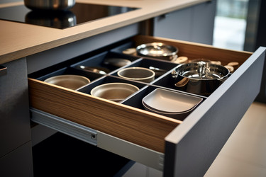 Modern kitchen drawer open showing organized cookware and utensils - yliv