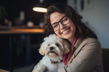 Happy businesswoman hugging her cute white dog in a cozy indoor setting - yliv