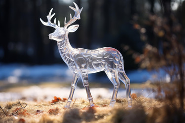 Transparent plastic deer toy standing on dry grass in the sunlight, with a snowy forest in the background, creating a winter wonderland atmosphere - yliv