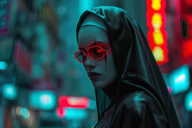 Cyberpunk nun with red glasses standing in futuristic city at night - yliv