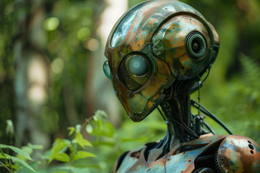 Futuristic robot with a weathered metallic finish exploring a lush green forest - yliv