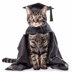 Adorable tabby cat is sitting on a white background, wearing a graduation cap and gown - yliv