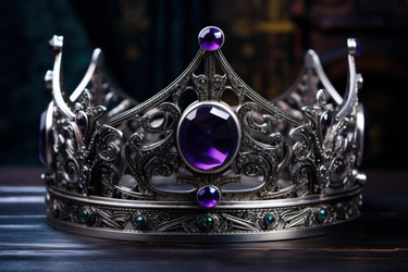 серебряная корона с фиолетовыми и зелеными драгоценными камнями покоится на поверхности из темного дерева - yliv