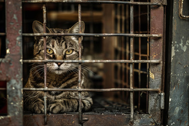 табби кошка выглянув из-за старой ржавой клетке в приюте для животных  - yliv