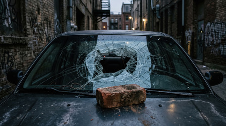 кирпич разбил лобовое стекло автомобиля - artshock