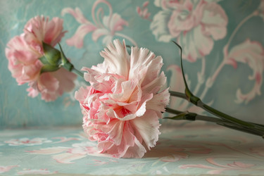 Pink carnations resting on a vintage blue floral background - yliv