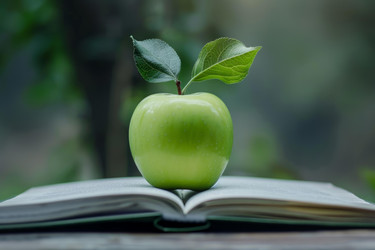 зеленое яблоко с листьями, лежащее на открытой книге, символизирующей знание - yliv