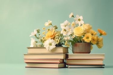 желтые и белые цветы в вазе расставлены на стопке книг, создавая умиротворяющую обстановку, напоминающую о красоте чтения и природы - yliv