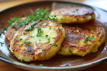 вкусные блины золотистой картофельной украсив свежей зеленью на коричневые плиты - yliv