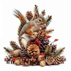 Squirrel sitting on pine cones and evergreen branches - yliv