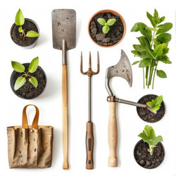 Flat lay of gardening tools and seedlings in pots, shot from above on a white background - yliv