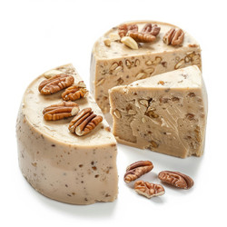 Round cheesecake with nuts being cut into slices on white background - yliv