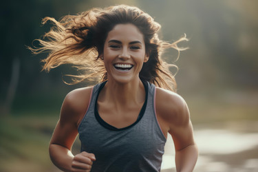 Young athletic woman running outside is smiling and enjoying her workout - yliv